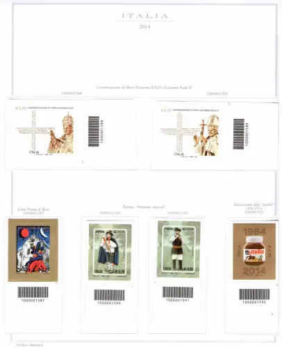 2014 Italienische Republik Barcodes kompletter Jahrgang 59 Werte + 1 Zettel (Weine) auf 14 Seeblättern