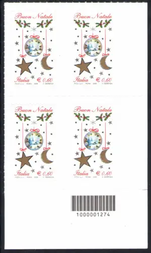 2009 Italienische Republik Barcodes Weihnachten Laico Quartina 1 Val Barcode Nr. 1274 MNH ** Il Più Raro 