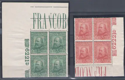 1910 Italien Königreich Giuseppe Garibaldi 5 Cent grün + 15 Cent karmin 2 Val Nr. 87/88 Quartina mit Tafelnummer