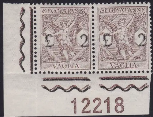 1924 Italien - Königreich, Steuermarken für Vaglia Nr. 5 MNH / ** SELTENES ZENTRIERTES PAAR MIT TISCHNUMMER