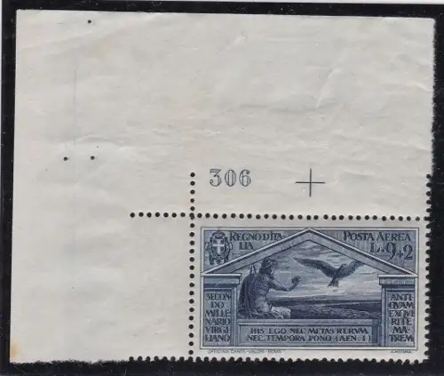 1930 Königreich Italien, Luftpost Nr. 24 MNH ** 9 + 2 Lire dunkelblau Blattecke mit Tabellennummer