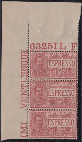 1903 KÖNIGREICH ITALIEN, Espresso Nr. 1 DREISTREIFEN MIT TISCHNUMMER POSTFRISCH / **