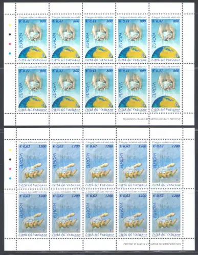 2001 Vatikan, 2 Miniblätter mit 10 Werten, Europa Wasser Nr. MF 1235/36 - POSTFRISCH **