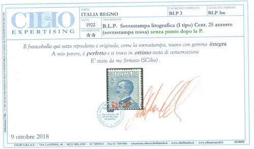 1921 Königreich Italien BLP 10 Cent rosa ohne Punkt nach P Nr. 3m MNH ** Zertifikat Cilio