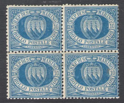 1877 SAN MARINO, Nr. 3A 10 Cent. hellblau diskrete Quartina Zentrierung MNH ** Kopie cert. Raybaudi GOLD aus Herkunft