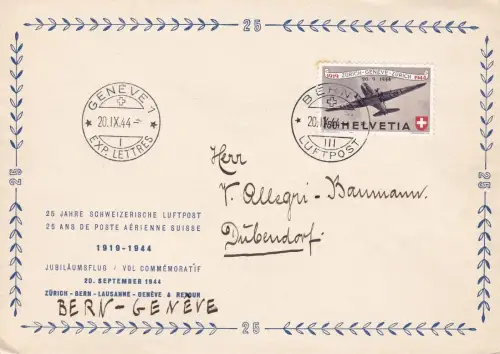 1944 SCHWEIZ, Zum. PA 40 auf Ersttagsbrief SONDERFLUG