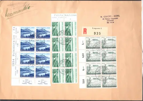 1954 SCHWEIZ, Pro Patria Zum. 66/70 Achterblock auf 2 großen Umschlägen
