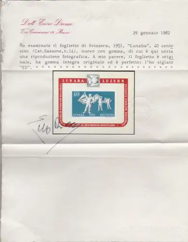 1951 SCHWEIZ, Bogen Nr. 14 LUNABA MNH / ** Zertifikat Enzo Diena