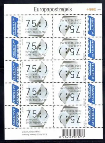 2008 EUROPA CEPT Niederlande, 1 Kleinbogen mit 10 Werten, postfrisch**