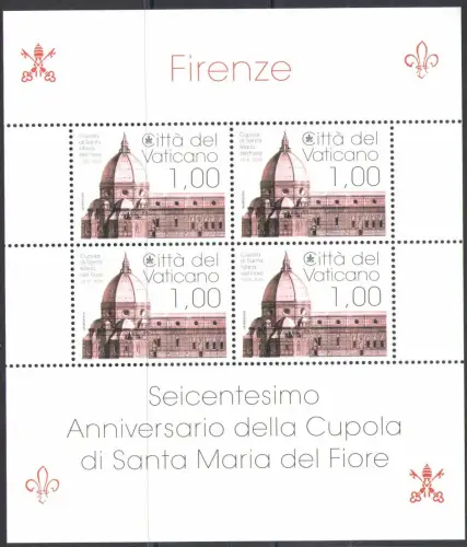 2018 Vatikan, Minifoglio Nr. 1797, 600. Jubiläum Kuppel von Santa Maria del Fiore, neu und einwandfrei - postfrisch **