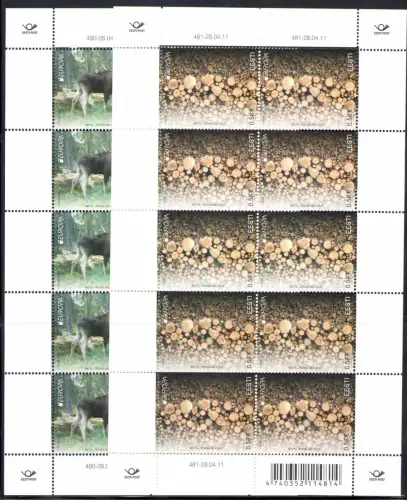 2011 EUROPA CEPT Estland, 2 Miniblätter mit 10 Werten, Die Wälder, postfrisch **