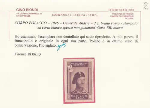 1946 POLNISCHES KORPS Nr. 8B 2 zl. rotbraun NEU OHNE GUMMI Zertifikat Blond