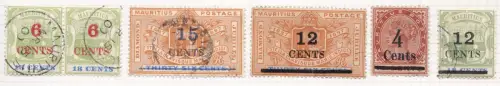 1899-02 MAURITIUS SG Nr. 134(2)/135.137, 156.163 6 Werte überdruckt GEBRAUCHT