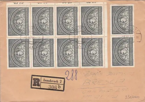 1952 ÖSTERREICH, Nr. 816 Block von 8, eingeschrieben von Innsbruck nach Brescia (Italien)