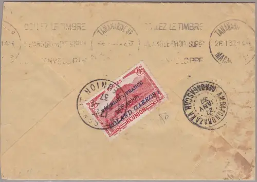 1937 REUNION, Yvert PA Nr. 1 Post mit Zwischenstopps bei der Abfahrt von Réunion CS auf 4 Linien Firma E. Diena