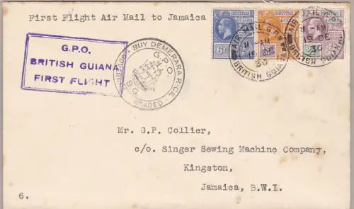 1930 BRITISH GUYANA/GUYANA BRITICA, Erstflug nach Kingston (JAMAIKA)