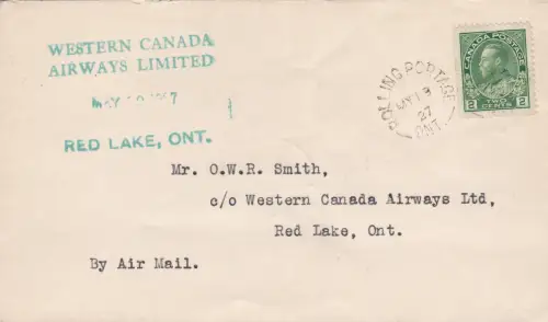 1927 CANADA - FIRST FLIGHT Rolling Portage - Red Lake auf Brief mit Sonderstempel Muller 58