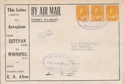 1924 KANADA - FIRST FLIGHT Estevan-Winnipeg auf vorbereitetem Brief mit Sonderstempel Müller 26