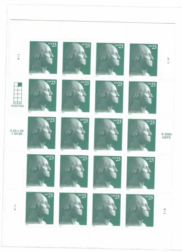 2003 USA, Kleinbogen 20 Werte MNH ** George Washington Ordentliche Serie Nr. 3931