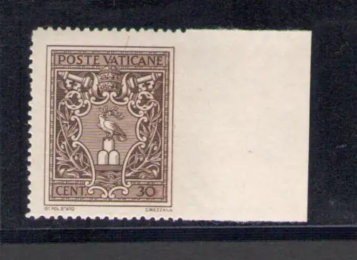 1945 VATIKAN - Nr. 92f Medaillons 30 Cent braun ungezähnt rechts postfrisch **