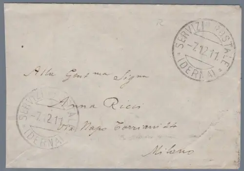1911 LIBYEN Reisebrief vom 7.12.1911 von Derna nach Mailand mit Annullierung TYP 1