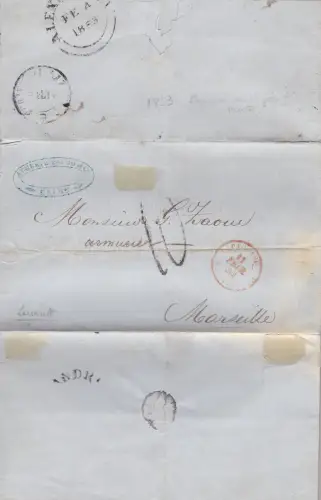 1853 MALTA Brief aus Alexandria von Ägypten nach Marseille Annullierung Malta Lazzaretto