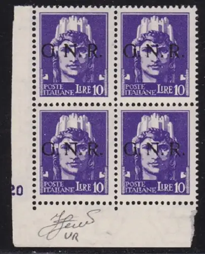1944 RSI Nr. 486 10 Lire violett MNH / ** VIERTEL TISCHNUMMER Signiert Olive