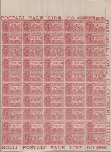 1920 ITALIEN - KÖNIGREICH, Espresso Nr. 4 Blatt von 50 MNH / ** TISCHNUMMER