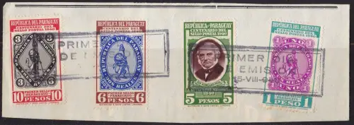 1940 PARAGUAY, n. 398/401 Hundertjahrfeier der Briefmarke STORNIERUNG ERSTER TAG