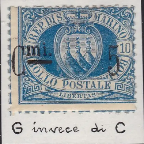 1892 SAN MARINO, Nr. 8y 5c. su 10c. hellblau MLH/* G.mi statt C.mi