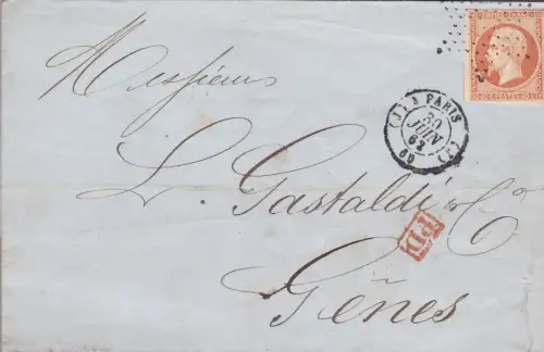 1862 FRANKREICH, 40c. Nr. 16 auf Brief nach Genua mit Sternstempel