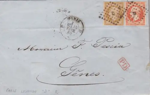 1860 FRANKREICH, Brief von Paris nach Genua frankiert mit Nr. 13 +16