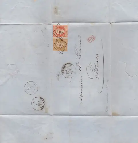 1860 FRANKREICH, Brief von Paris nach Genua frankiert mit Nr. 13 +16