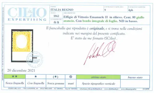 1862 Italia, n. 4pb - 80 Cent gelb Vollbogenrand unten, postfrisch**