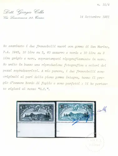 1942 SAN MARINO, Luftpost, Nr. 19/20 Bassbogenrand, postfrisch **