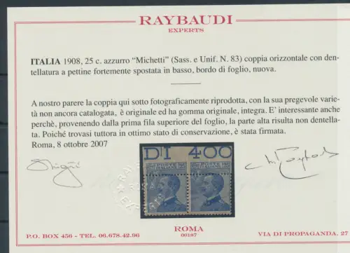 1908 Italien, Nr. 83, 25 Cent, stark nach unten verschobene Verzahnung, postfrisch**