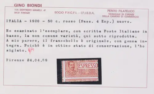 1903 Italien, Espresso, Nr. 4, 50 Cent rot, Sorte der Spitze, postfrisch **