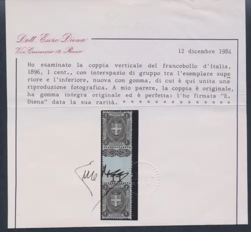 1896-97 Italien, Nr. 65, 1 Cent - vertikales Paar mit Gruppenzwischenraum, postfrisch **