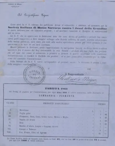 1863 - Italien - Interessantes Dokument Hagelschaden - 2 Cent Bistro - gebraucht