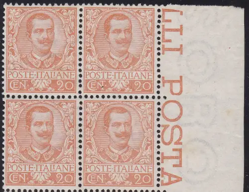 1901 ITALIEN - Nr. 72 Floreale 20 Cent. orange, Viererblock, postfrisch**