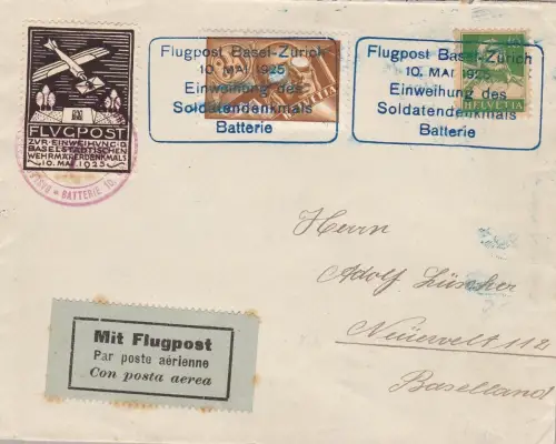 1925 SCHWEIZ Flug Basel-Zürich Brief Luftpost mit Sondervignette