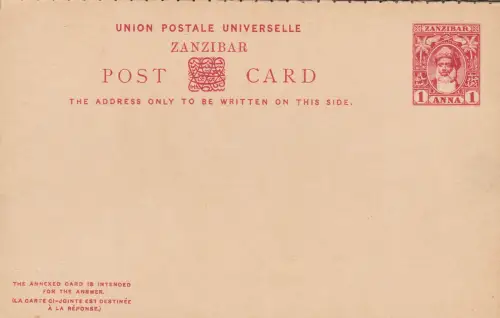 1899 SANSIBAR, Postkarte + Antwort HG 12 1+1 Rote Anna