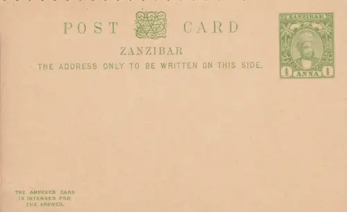 1897 SANSIBAR, Postkarte HG 7 1/2+1/2 Anna gelb grün