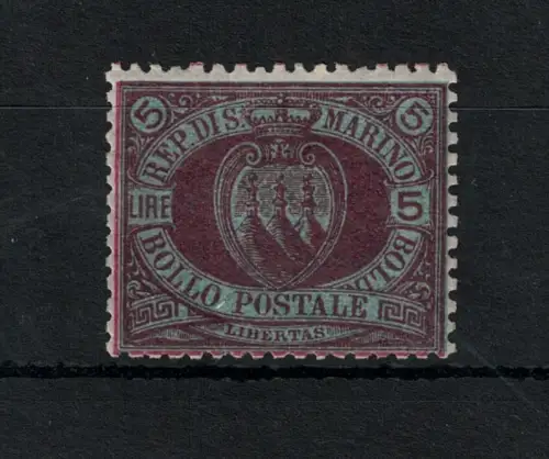 1892-94 SAN MARINO, Sächsischer Katalog #22, 5 Lire karmin auf dunkelgrün, postfrisch**