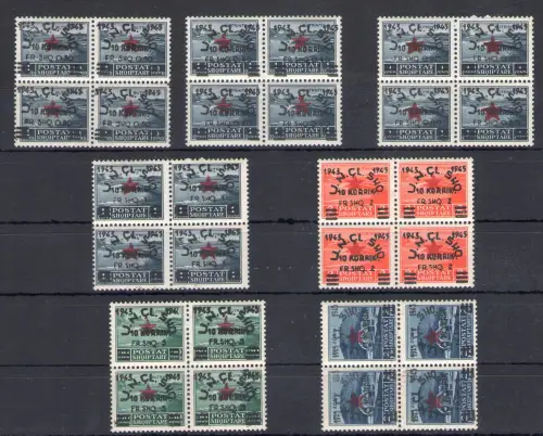 1945 ALBANIEN, Nr. 368/374 Serie mit 7 Werten im Viererblock, postfrisch**