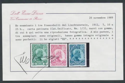 1912 Liechtenstein, n. 1/3, Johannes II., 3 Werte, gestrichenes Papier, postfrisch**