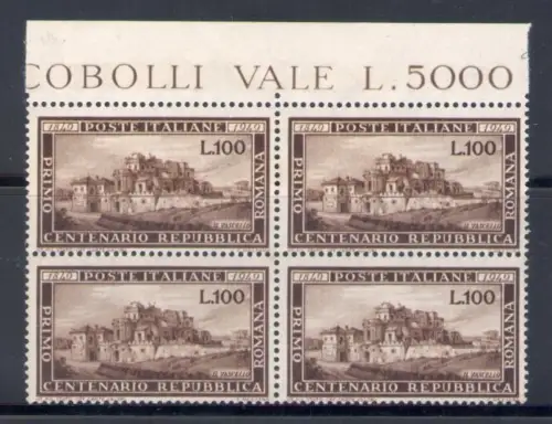 1949 Italien, Römische Serie, 100 Lire braun Nr. 600, postfrisch ** Viererblock