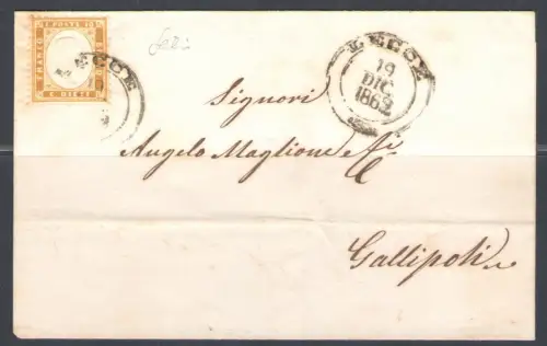 1862 Italia, n. 1K - 10 Cent Bistro Olive unten ungezähnt, gebraucht