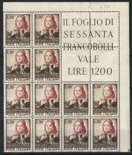 1951 Italien Republik, Eckblock von 12 Perugino # 14, postfrisch **