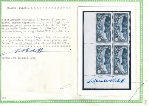 1931 SAN MARINO, Luftpost Nr. 1/10 10 Werte in SELTENEN VIERTELN - POSTFRISCH **
